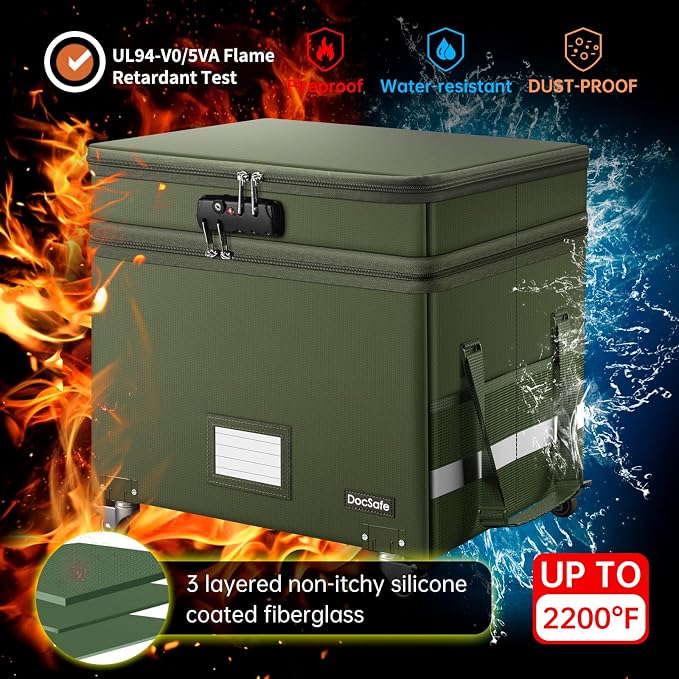 DocSafe File Box with Lock,2-Layer Fireproof Document Box with Wheels,Collapsible Rolling File Storage Organizer with Pockets,Large Portable Home Office Filing Cabinet Safe for Hanging Folders,Green - Image 4