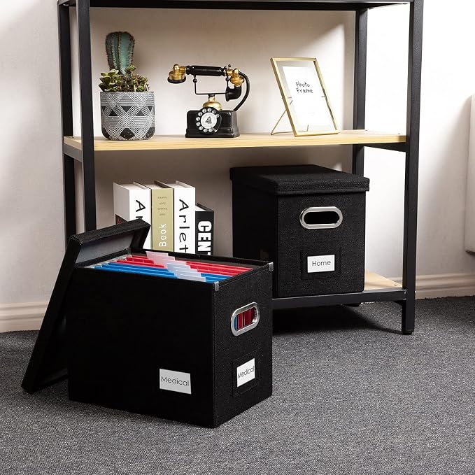 File Organizer Box - Set of 4 Collapsible Decorative Linen Filing Storage Hanging File Folders with Lids Office Cabinet Letter Size Black (14x9.3x10.8 inch) - Image 3