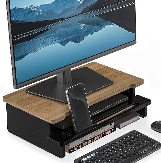 16.5” Bamboo Monitor Stand with Phone & Tablet Holder Desk Shelf | Monitor Riser for 36-48 Inch Desk Cozy Computer Setup Workplace Organizer Keyboard Storage Compact Ergonomic Black by WELLWENG