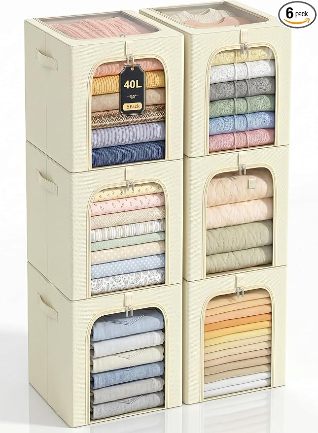 GoMaihe Clothes Storage Bins with Metal Frame for Closet, 40L 6-Pack Beige | Sweaters Hoodies Jeans T-Shirt, Closet Top Shelf Organizer, Collapse-Proof, Stackable, Clear Window, Dual Access Space Saving by GoMaihe