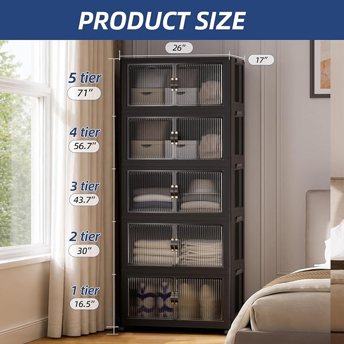 SAILUN 580Qt Stackable Storage Bins,Storage Cabinet with a Lid,5 Pack Black | Stackable Storage Drawers with Lids,26" W x 17" D x 71" H,Featuring open-front Access for Closet Storage - Image 3