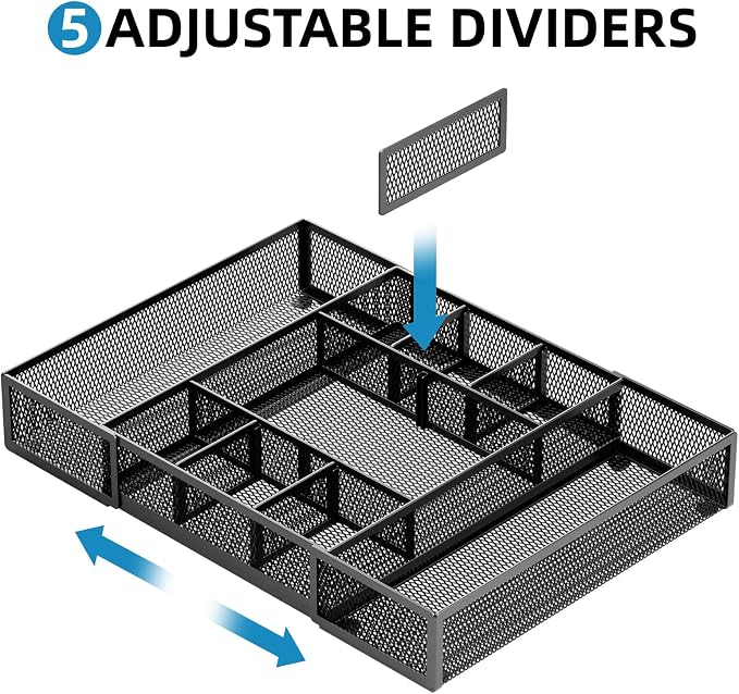 Marbrasse Expandable Desk Drawer Organizer, Mesh Drawer Organizer Tray with 10 Adjustable Compartments, Desk Organizers and Accessories for Office Supplies, Makeup & Vanity (Expandable Black-2 pack) - Image 3