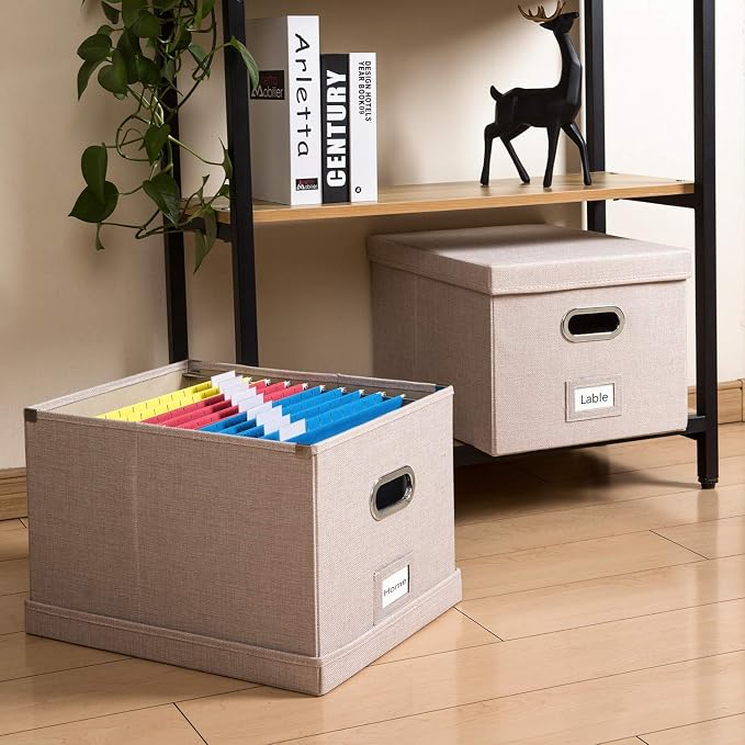 File Organizer Box - Set of 1 Collapsible Decorative Linen Filing Storage Hanging File Folders with Lids Office Cabinet Letter/Legal Size Light Grey (17x14x11.2 inch) - Image 3