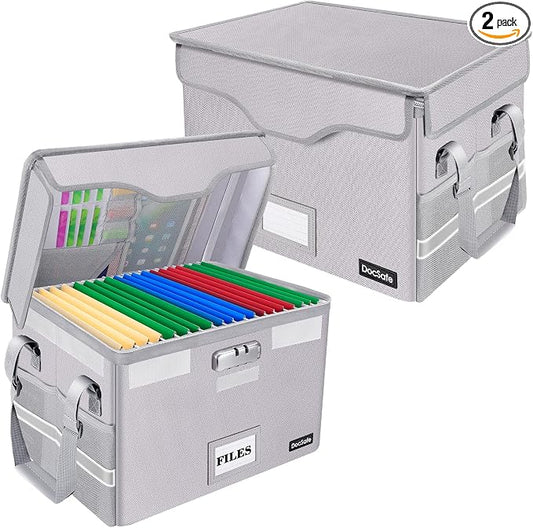 DocSafe Fireproof Document Box with Lock,File Storage Organizer with Pockets,Collapsible Portable File Box Home Office Safe Filing Cabinet with Handle for Hanging Letter/Legal Folders,Silver,2 Pack by DocSafe