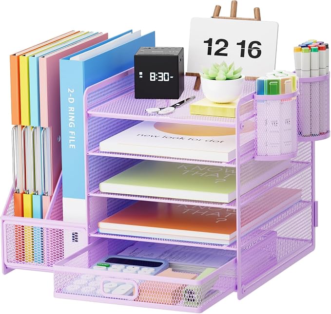 Marbrasse Desk Organizer with File Holder, 5-Tier Paper Letter Tray Organizer with Drawer and 2 Pen Holder, Mesh Desktop Organizer and Storage with Magazine Holder for Office Supplies(Purple) by Marbrasse