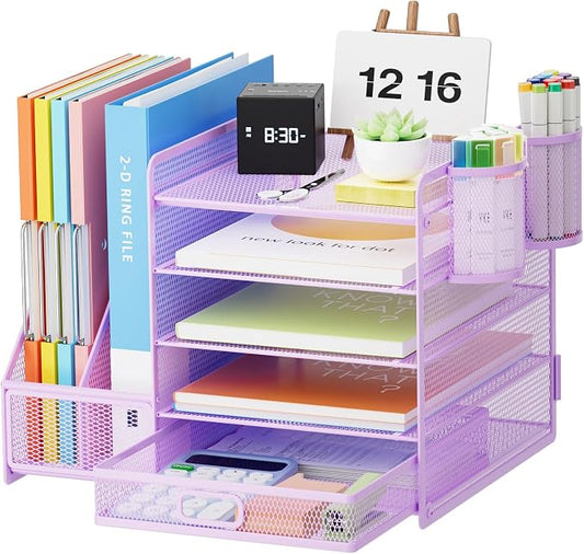 Marbrasse Desk Organizer with File Holder, 5-Tier Paper Letter Tray Organizer with Drawer and 2 Pen Holder, Mesh Desktop Organizer and Storage with Magazine Holder for Office Supplies(Purple) by Marbrasse