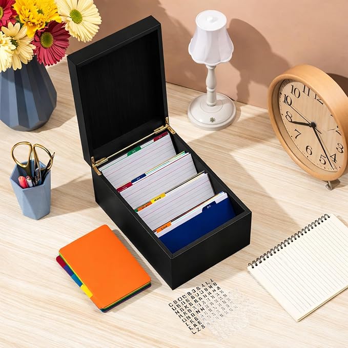 4 x 6 Inch Index Card Holder Set, Bamboo Organizer Box with 50 Dividers & 2 Sheets Alphabet Number Stickers File Note Holders, Holds 1200 Cards for Office Business Home Kitchen, Black - Image 4