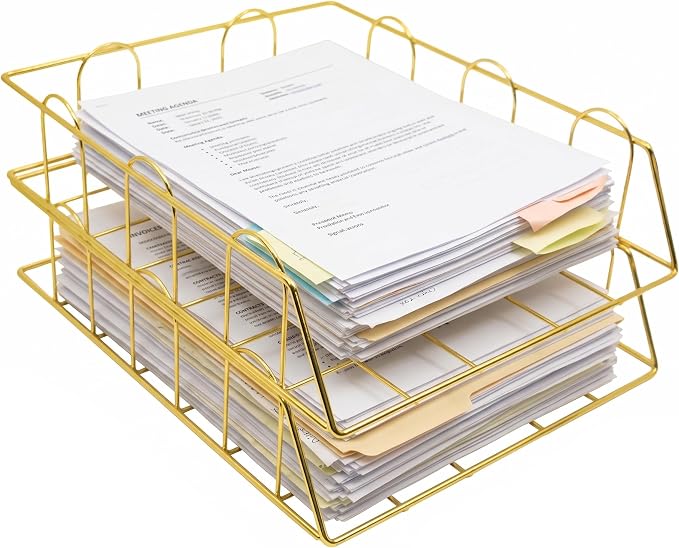 Gold Stackable W 9.75" X L 12" Desk Organizer Tray Set (2-Tier) by StephanieImports
