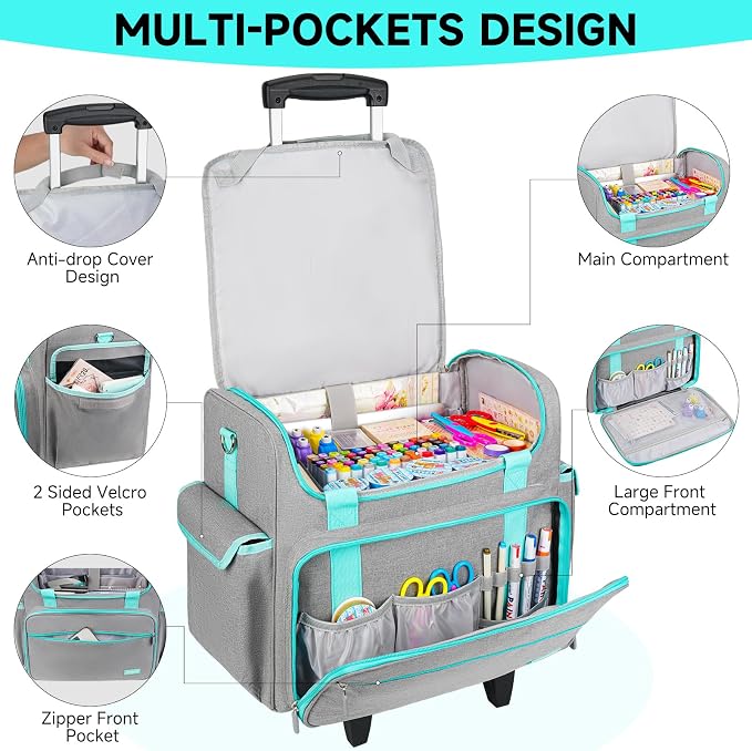 Rolling Craft Bag, Craft Bag with Wheels for Scrapbook Supplies, Large Scrapbook Tote with 15.6'' Laptop Sleeve, Rolling Art Supply Storage for Scrapbooking Tools, Gray - Image 3