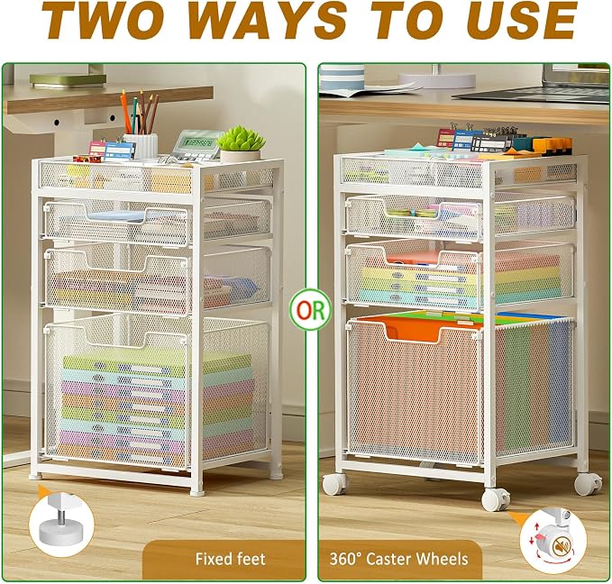 Rolling File Cart with 3 Storage Drawers, Under Desk Organizer with DIY Divider, Moblie Filing Cabinet on Wheels, Fits A4/Letter Size, Metal Utility Cart for Home Office, White - Image 4