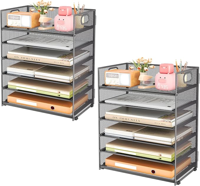 Subekyu 6-Tier Desk Paper Organizer, Desktop File Letter Tray with Handle, Document Sorter and Accessories Holder for Office, Home and School Workspace Organizers, Gray-2 Pack by SUBEKYU