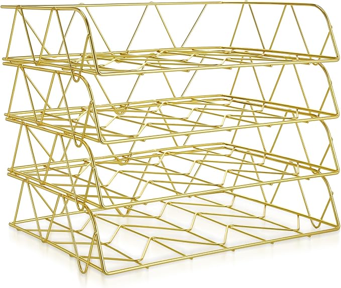 Yeaqee 4 Tier Stackable Gold Desk Organizer Paper Tray Rack Metal Letter Desk File Organizer Horizontal Holder File Trays for Office Desktop Supplies and Accessories by Yeaqee