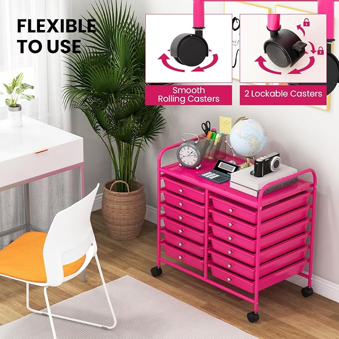 Giantex 12 Drawers Rolling Cart, Mobile Storage Drawer Cart, Classroom Organizer Cart for Office School Supplies Tools Scrapbook Paper Craft Small Printer, Utility Cart on Wheels, Hot Pink - Image 8