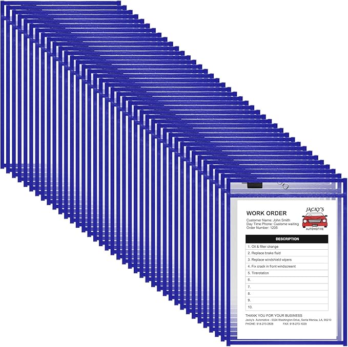 Nezyo Dry Erase Pockets Plastic Job Ticket Holders Shop Holder Order Pockets Clear Sleeves Tickets Folders Plastic Sleeves Paper Teacher Supplies for Classroom(12 x 9.5 in,Blue,50 Pcs) by Nezyo