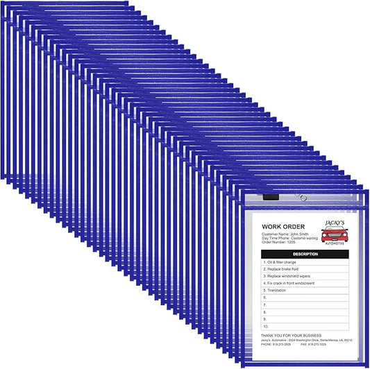 Nezyo Dry Erase Pockets Plastic Job Ticket Holders Shop Holder Order Pockets Clear Sleeves Tickets Folders Plastic Sleeves Paper Teacher Supplies for Classroom(12 x 9.5 in,Blue,50 Pcs) by Nezyo