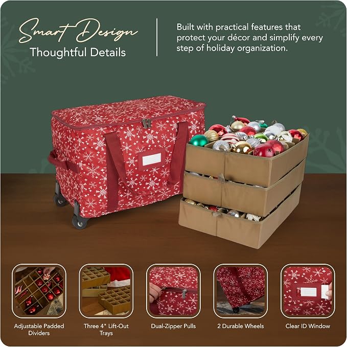 Covermates Keepsakes Rolling Adjustable Ornament Storage Bag – Heavy-Duty Polyester, FlexGrid Trays & Padded Dividers – Protective Holiday Organizer with Wheels, Handles & ID Window, Red Snowflake - Image 4