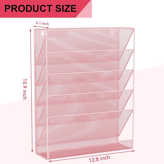 Wall File Organizer Holder Mesh Hanging Paper Document Holder, Vertical 6 Pocket Tier for Office Home, Light Pink - Image 3