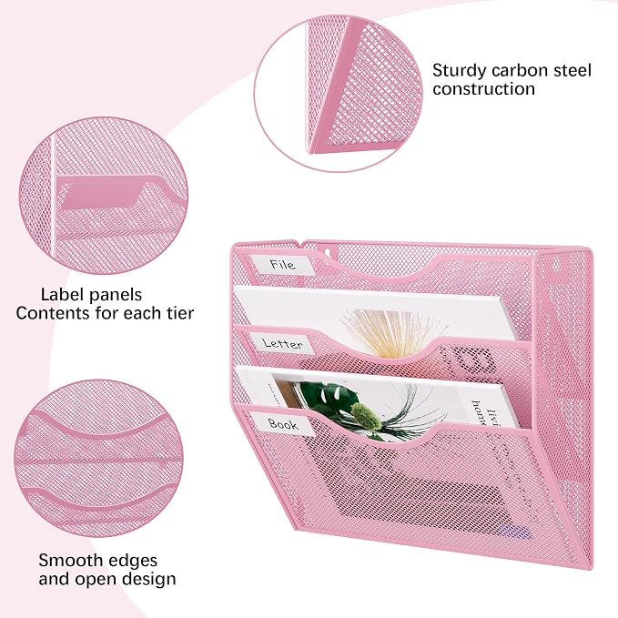 EasyPAG 3 Pocket Mesh Wall File Organizer, Hanging Paper Folder Holder with Classify Label, Vertical Wall Mount Mail Organizer for Office Home Classroom, Pink - Image 3
