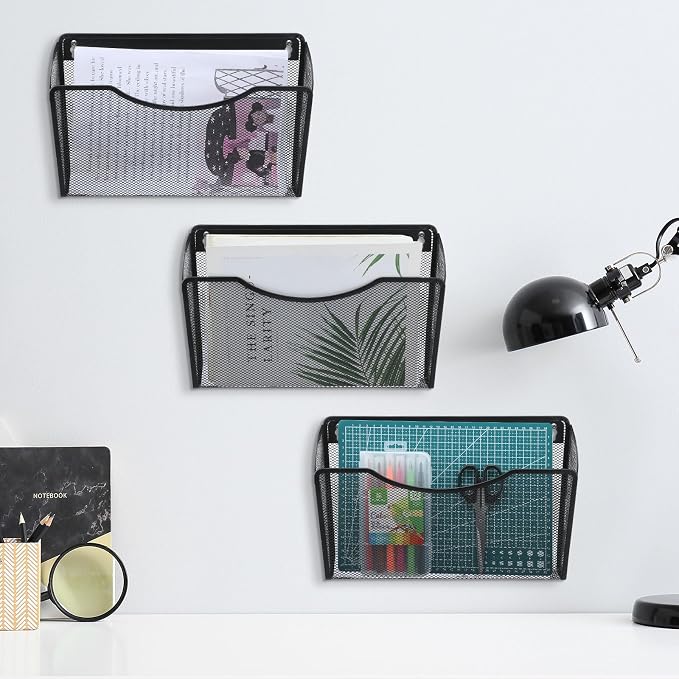 Tenceur 3 Pcs Mesh Letter Wall File Folder Cubicle File Holder Hanging Wall Mounted File Holder 3 Pocket Vertical File Organizer for Office Home Room Storage Basket(13.19 x 12.2 x 3.07 Inch,Black) - Image 5