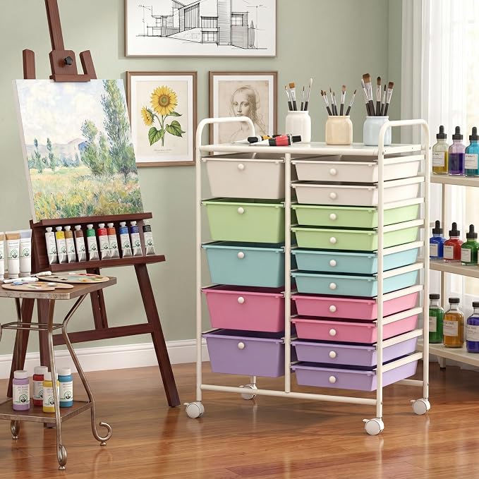 GOFLAME 15-Drawer Rolling Storage Cart, Craft Storage Cart with Removable Drawers & Lockable Wheels, Art Cart Supply Storage Organizer for Home Office Classroom, Ice Cream - Image 2