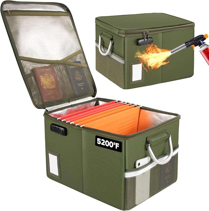 TOMKID 5200°F Fireproof Document Box, Fire Important Document Organizer with Lock, Upgraded Heat Insulated Filing Storage Cabinet Office Organization (5200°F Fireproof Box, Green) by Aobteeny