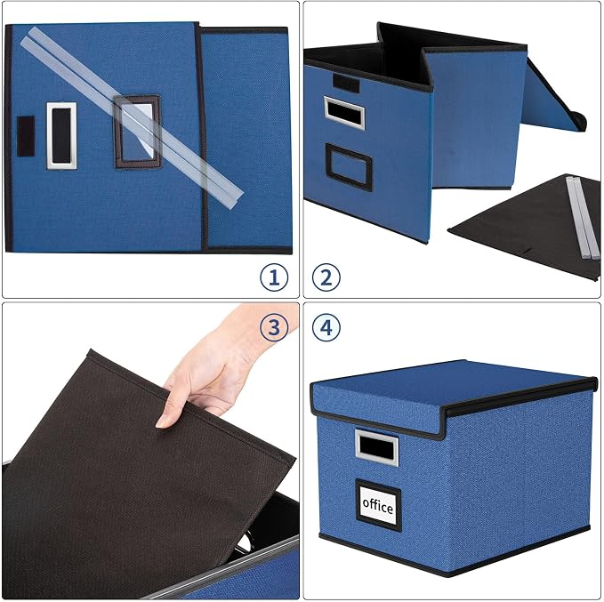 File Organizer Box with Lids, Collapsible File Folder Organizer | File Box with Plastic Slides for Document, Filing Bin for Letter Size Hanging File Folders (2 Pack, Royal Blue) - Image 7