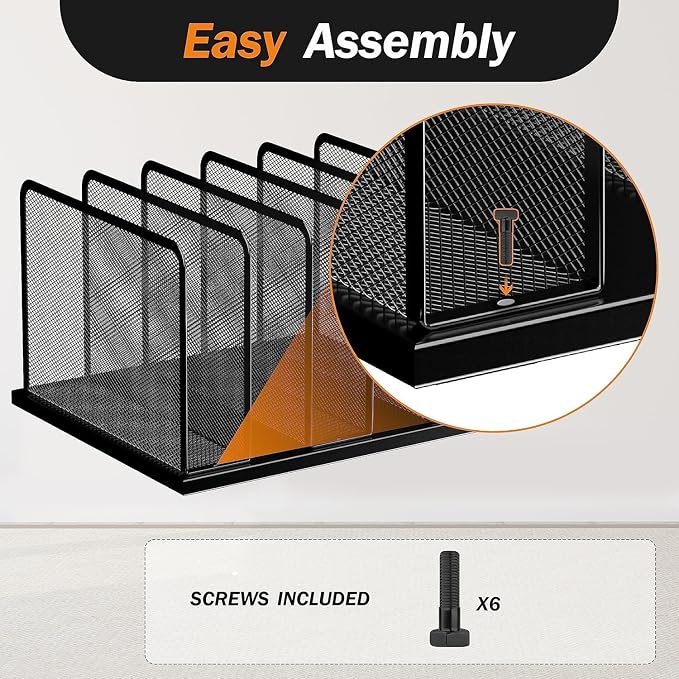 Kuntine.B Desk File Organizer Upright Mesh Desktop Organizer File Sorter Office Organization File Holder for Home, Office & Classroom (Black, 1 Pack 5-Section) - Image 3