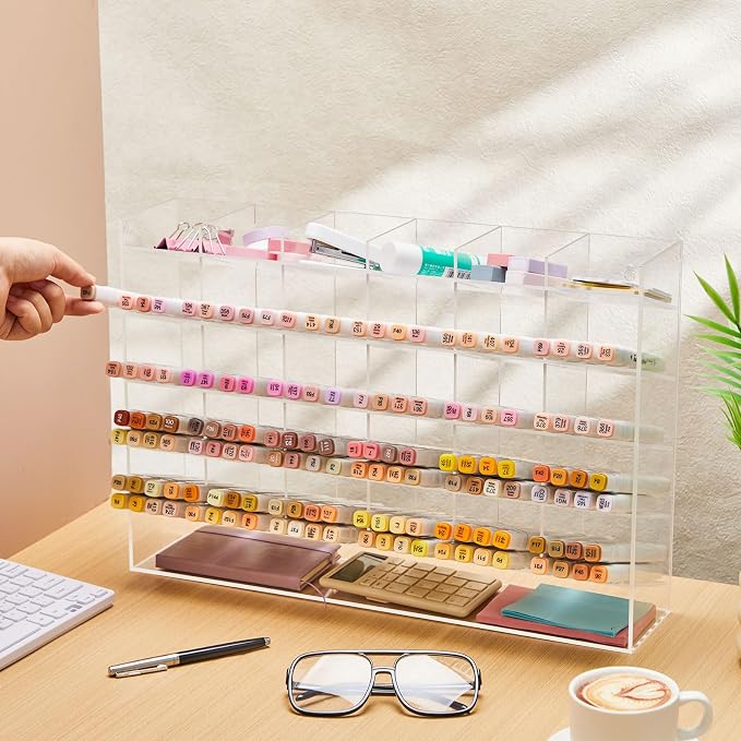 MotiMind Acrylic Pen Organizer Storage for 350 Markers Vertical Marker Organizer Acrylic Pen Display Holder for Office Desk Desktop Stationery Pencil Storage, Clear, 18 x 4 x 12.4 Inch - Image 4