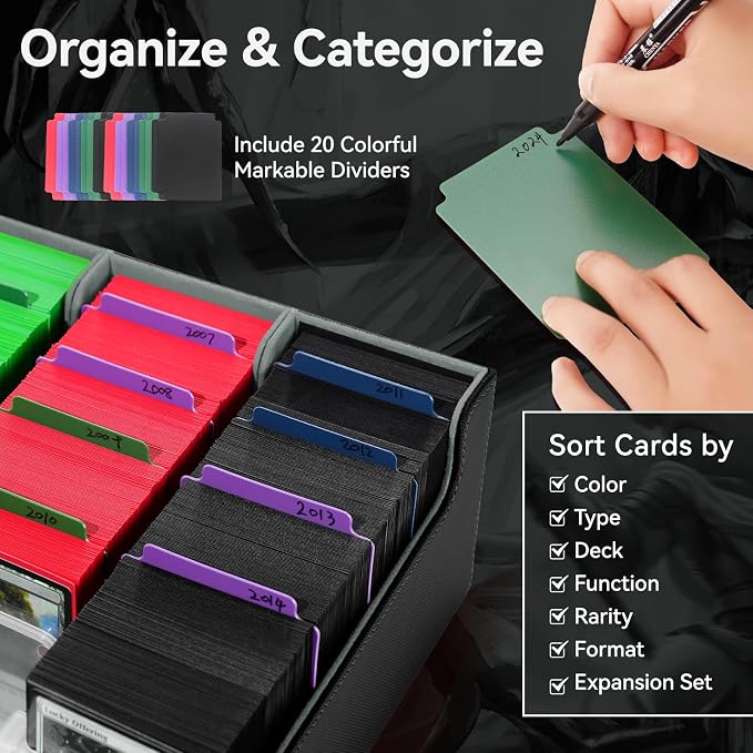5 Row Trading Card Storage Box, 3800+Bulk Card Organizer Box with 20 Dividers & 5 Supporters, Graded Card Deck Box for YuGiOh, MTG, TCG with Double Lid Black/Grey - Image 3