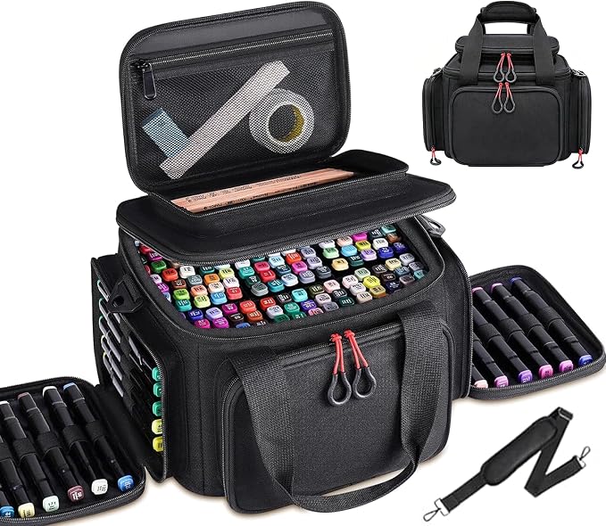 Large Marker Organizer Case for 200-300 Markers, Art Marker Storage Bag with Removable Dividers & 4 Pockets for Paint Markers, Shoulder Strap, Pencil Alcohol Marker Holder by JMIANeodark