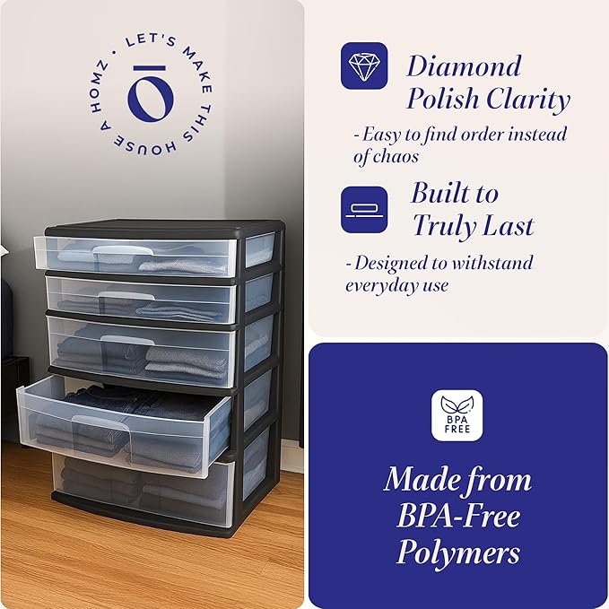 HOMZ Drawer Tower, 5-Tier Storage Organizer Unit, Black Frame | Extra-Wide Plastic Organizer with Clear Bin Drawers for Bedroom, Bathroom, Home Office, and Dorm Rooms - Image 4