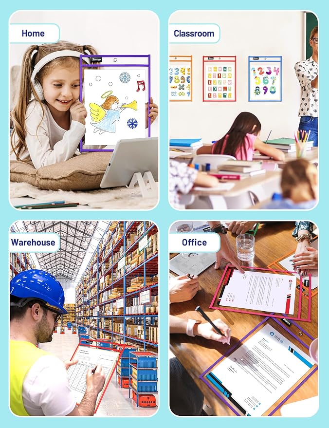 SUNEE 50 Packs Oversized Reusable Dry Erase Pocket Sleeves with 3 Rings, 10 Assorted Colors 10x14 Ticket Holders, Clear Plastic Sheet Protectors, Teacher School Classroom Supplies - Image 7