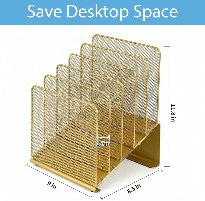 LEKETREE File Organizer for Desk, File Folder Organizer with 5-Section Vertical Rack, Suitable for Home Office Document Organization and Storage(Gold) - Image 3