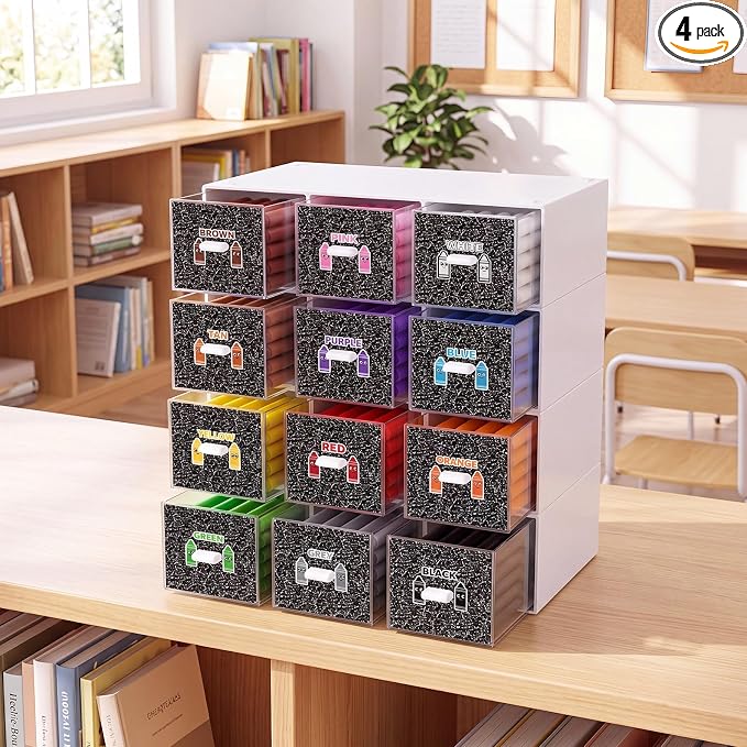 12 Pcs/ 4 Pack Plastic Crayon Organizer for Classroom Crayon Storage Boxes Drawer for Back to School Marker Pen Art Craft Supplies Crayons Container for Classroom Office Table with Color Label by Wenqik