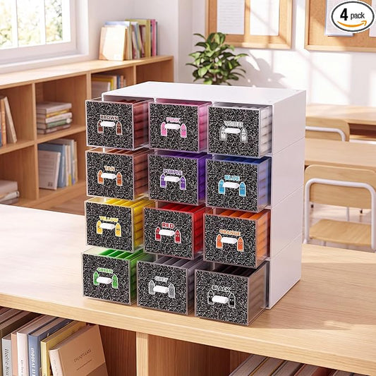 12 Pcs/ 4 Pack Plastic Crayon Organizer for Classroom Crayon Storage Boxes Drawer for Back to School Marker Pen Art Craft Supplies Crayons Container for Classroom Office Table with Color Label by Wenqik