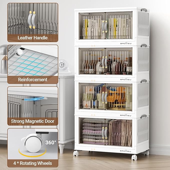 BROVIEW 300Qt Stackable Storage Bins with Lid, Extra Large Closet Organizer Collapsible Drawer Boxes with Wheels, Folding Plastic Cabinet Containers for Home Kitchen Room Organization, 5Pack White - Image 5