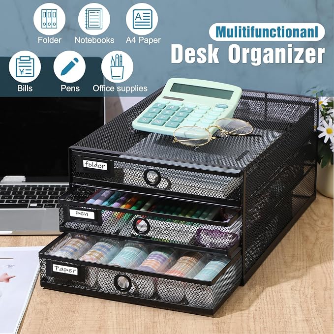 Zhanmai 1 Pack Black Desk Organizer with Drawer Total Wire Mesh Storage Tray Multifunctional Paper Sorter File Stand for Home Office Supplies Letter A4 Paper Office Accessories Back to School (3 Tier) - Image 3