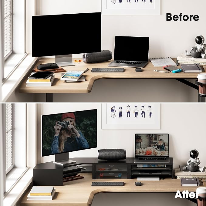 Fenge Dual Monitor Stand, Corner Desk Shelf with Drawer & Slide-Out Tray | Modular Design for Flexible Layouts, 2-Tier Storage Desktop Organizer for Computer, Laptop, Printer and Telephone - Image 6
