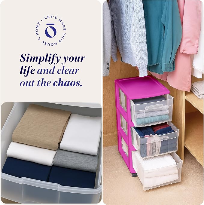 HOMZ Drawer Tower, 3-Tier Clear Plastic Storage Organizer Cart, Purple Frame - Rolling Drawer Containers with Wheels for Bathroom, Bedroom, Office, and Classroom Organization - Image 8