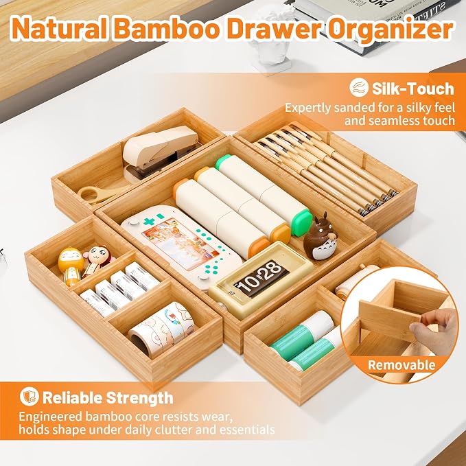 Bamboo Drawer Organizer, 5-Piece Stackable Trays with Removable Dividers | Junk drawer organizer, assorted tray sizes, 5-11 customizable compartments, nestable, kitchen utensils, bathroom, office - Image 3
