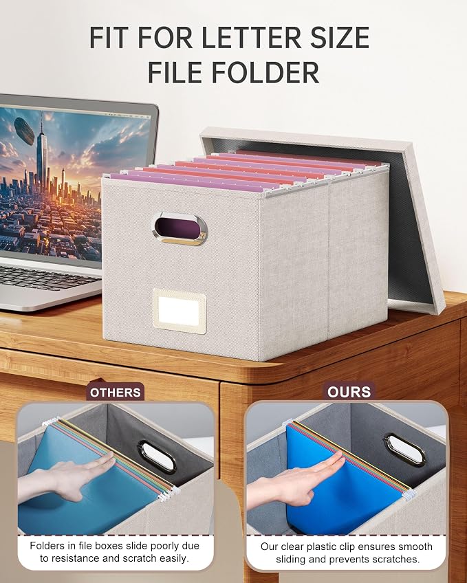 2 Pack File Storage Organizer, Document Organizer, Portable File Box with Lid, Fit for Letter/Legal File Folder Storage,Beige-Box only - Image 4