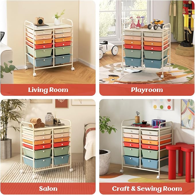GOFLAME 12-Drawer Rolling Storage Cart, Multipurpose Organizer with 2 Sizes Plastic Drawers, Mobile Utility Cart with Lockable Casters for Home, Office, Beauty Salon, School, Macaron Color - Image 8