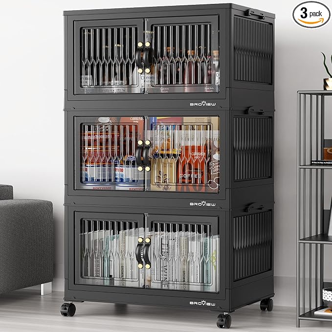 BROVIEW 240Qt Stackable Storage Bins with Lid, Extra Large Closet Organizer Collapsible Drawer Boxes with Wheels, Folding Plastic Cabinet Containers for Home Kitchen Room Organization, 3Pack Black by BROVIEW-EnjoytheArtofLife