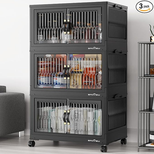 BROVIEW 240Qt Stackable Storage Bins with Lid, Extra Large Closet Organizer Collapsible Drawer Boxes with Wheels, Folding Plastic Cabinet Containers for Home Kitchen Room Organization, 3Pack Black by BROVIEW-EnjoytheArtofLife