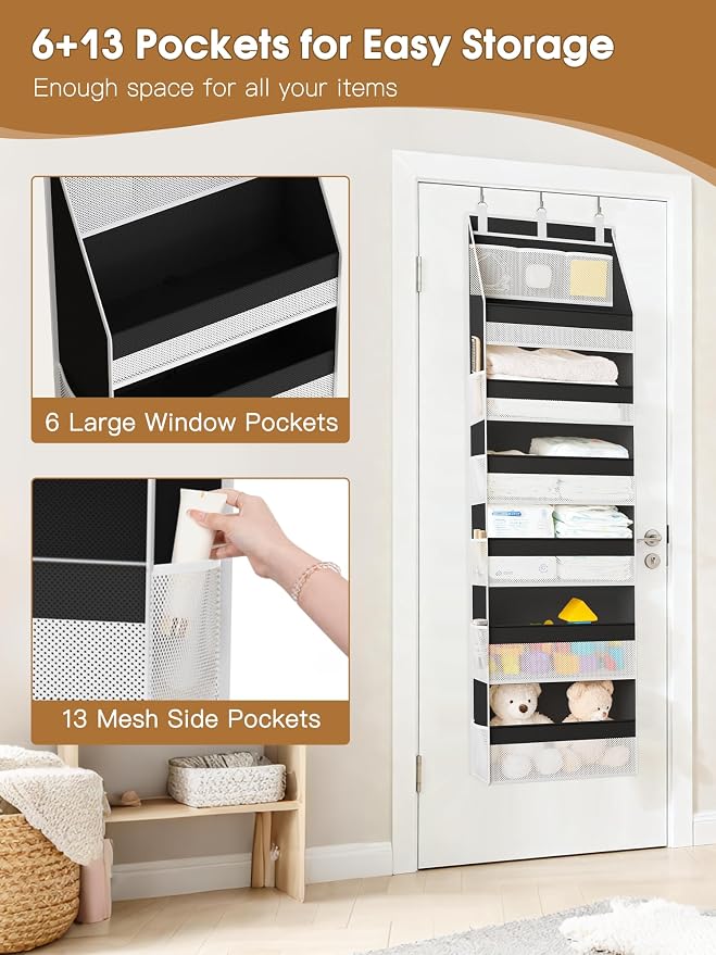 Over the Door Organizer, Heavy-Duty 6-Shelf Hanging Storage with 13 Mesh Pockets, 55lbs Capacity Behind the Door Storage for Nursery, Bathroom, Bedroom, and Dorm, Black - Image 5