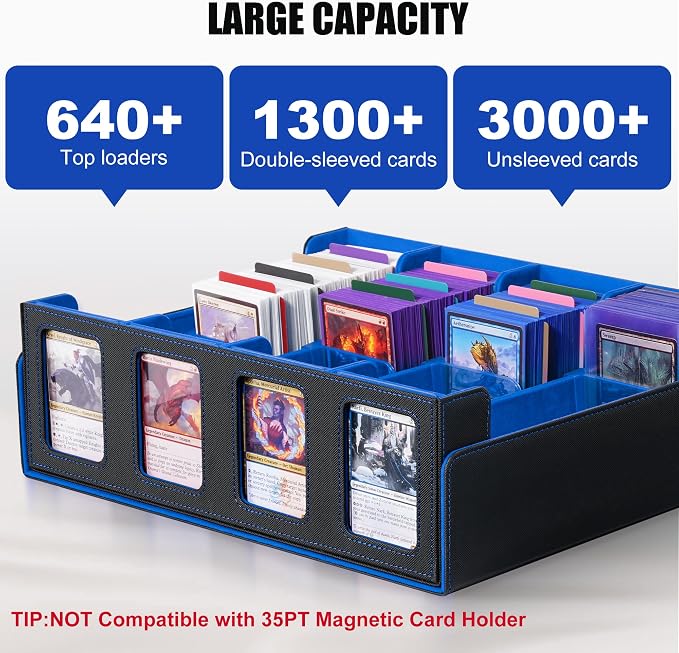 Trading Card Storage Box with Commander Display , 4-Row Deck Case with Removable Lid; 2400+ Card Deck Box for MTG TCG Sports Card, 4 Top Loaders, 4 Stoppers, 24 Dividers,1 Dice Bag (Black Blue) - Image 2