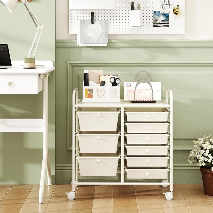 Moccha 9-Drawer Rolling Storage Cart - Under Desk Storage Drawers with wheels for Craft Art Supply Paper Salon, Scrapbook Paper Tools, Mobile Utility Cart for Classroom, White - Image 2