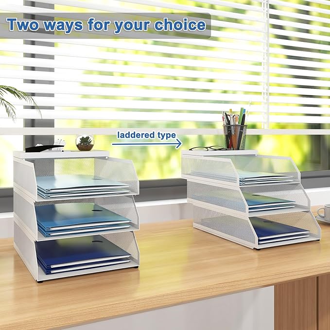 Natwind 3-Tier Stackable Metal Mesh Desk Paper Tray Organizer, White | Desktop Accessories for Office Supplies, Letter Tray For Paper Storage ,File Document Holder For Home School Classroom - Image 5