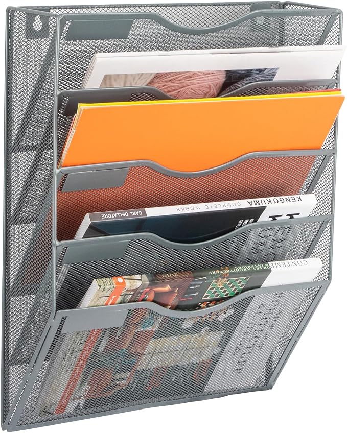 5 Pocket Mesh Hanging Wall File Organizer, Wall Mounted Mail Paper Document Folder Holder, Clipboard Storage Organization Magazine Rack with Nametag Label for Office Home School, Gray by EASEPRES