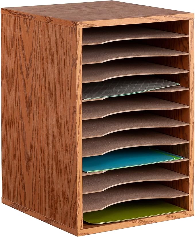 Scranton & Co Vertical Desk Top Sorter, Medium Oak Laminate Finish, 11 Compartments, Removable Hardboard Shelves, 10 3/4"w x 12"d x 16"h, Particleboard Construction for Letter-Size Paper Organization - Image 4